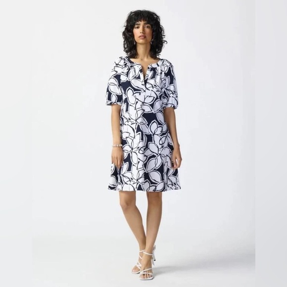 Joseph Ribkoff Dark Midnight Navy and White Leaf Print Midi Dress size 4 - Picture 14 of 15